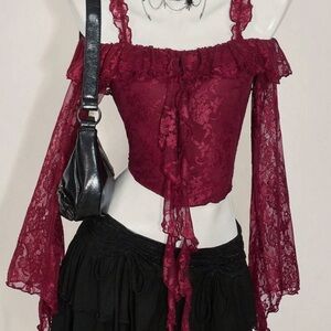 Lace Off-Shoulder Crop Top in Burgundy – Women’s Fashion